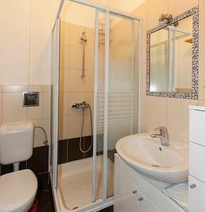 een badkamer met een douche, een wastafel en een toilet bij BEACH APARTMENT in Podgora
