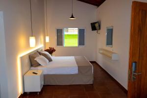 a bedroom with a bed and a window and a television at Vale Das Águas Fazenda Resort in Santa Bárbara do Rio Pardo