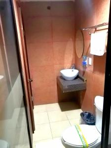 a bathroom with a sink and a toilet at Hotel Amayal in San Cristóbal de Las Casas