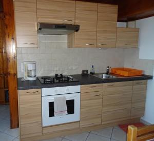 a kitchen with a stove and a sink at Charmant studio à Landry in Landry +1 photo