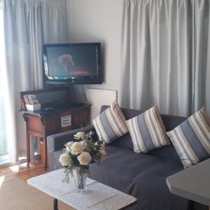 a living room with a couch and a tv at Breakaway Apartment with Balcony in Yzerfontein