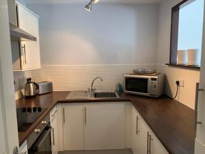 een keuken met een wastafel en een magnetron bij Ayr Apartment with Sea and Countryside views in Ayr