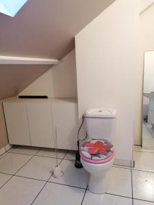 bagno con servizi igienici e sedile rosa di Le sacré cœur bis -duplex 5pl a Le Havre