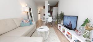 ein Wohnzimmer mit einem weißen Sofa und einem TV in der Unterkunft Malaga Centro Terraza in Málaga