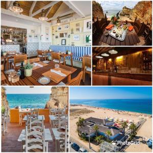 a collage of photos of a restaurant with the beach at Bianca full apartment in Portimão