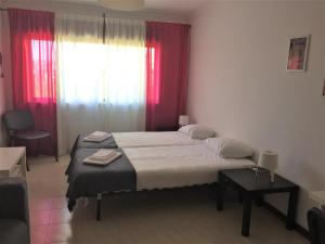 APARTAMENTO LISBOA - REBOLEIRA في أمادورا: غرفة نوم بسرير ونافذة ذات ستائر حمراء
