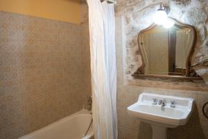 a bathroom with a sink and a toilet and a tub and a mirror at Casa Rural La Cañada in Aldeanueva del Camino +14 photos