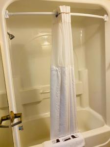 cortina de ducha en el baño junto a la bañera en Harrisonville Inn & Suites, en Harrisonville