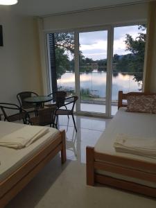 1 dormitorio con 2 camas y vistas al lago en Apartman Nikolic en Veliko Gradište