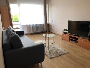a living room with a couch and a flat screen tv at Ergli Apartment in Ērgļi