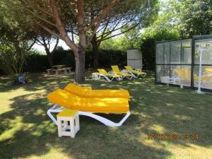 a group of yellow lounge chairs and a tree at Locatlantique in Aytré
