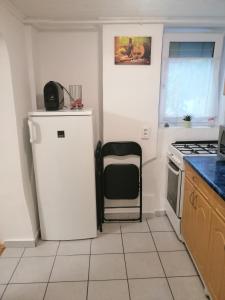 eine Küche mit einem Kühlschrank und einem Stuhl darin in der Unterkunft Nagymackó Kuckója in Keszthely