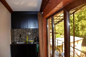 a kitchen with black cabinets and a view of a yard at Guest House Metreveli in Borjomi
