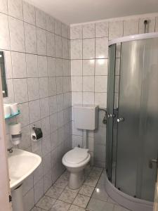 a bathroom with a toilet and a sink and a shower at Hotel Poenita in Sighişoara