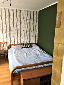a bedroom with a bed and a green wall at Domek pod Lipą in Narol
