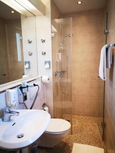 e bagno con servizi igienici, lavandino e doccia. di Hotel Scholz a Coblenza