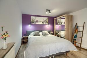 a bedroom with a large bed with a purple wall at BORYS Garaż na rowery i narty in Krynica Zdrój