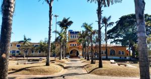 ein Gebäude mit Palmen davor in der Unterkunft Hotel São Paulo Inn in Santa Rita do Passa Quatro + 12 Fotos