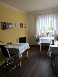 une salle à manger avec deux tables et une fenêtre dans l'établissement Pension Am Weinberg, à Meissen