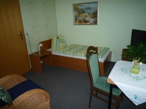 Zimmer mit einem Tisch und einem Bett sowie einem Tisch und Stühlen in der Unterkunft Pension Am Weinberg in Meißen