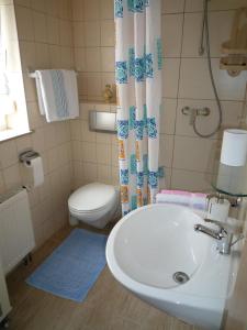 La salle de bains est pourvue d'un lavabo blanc et de toilettes. dans l'établissement Pension Am Weinberg, à Meissen