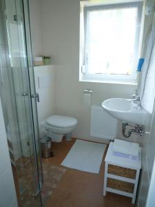 ein Bad mit einem Waschbecken, einem WC und einem Fenster in der Unterkunft Pension Am Weinberg in Meißen