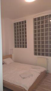 a bedroom with a bed and two windows at Apartman 4 you in Budapest