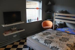 a bedroom with a bed and a tv and a window at Gitte's Private Guestroom in Grindsted
