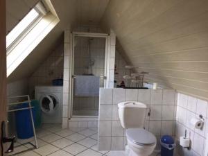 La salle de bains mansardée est pourvue d'une douche et de toilettes. dans l'établissement Ferienwohnung Runge, à Schneverdingen