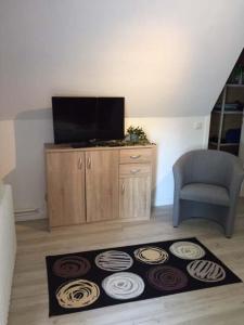 - un salon avec une télévision, une chaise et un tapis dans l'établissement Ferienwohnung Runge, à Schneverdingen