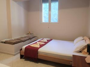 a bedroom with two beds and a window at Panorama View Apartment 3 in Áyioi Apóstoloi