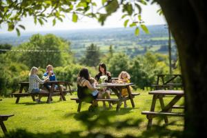 Un groupe de personnes assises aux tables de pique-nique dans l'herbe dans l'établissement Rising Sun Pub, Restaurant and Rooms, à Lacock