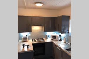 a kitchen with black cabinets and a stove top oven at Albion Cottage in Cockermouth