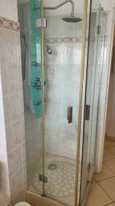 een douche met een glazen deur in de badkamer bij Le Latania in Sainte-Maxime