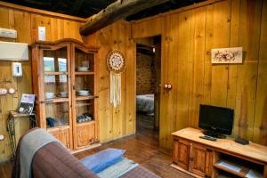 a living room with wood paneled walls and a television at Apartamentos rurales el capricho de carrio in Pola de Laviana