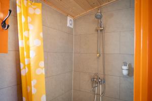 a shower in a bathroom with a shower curtain at Shanti B&B in Deventer