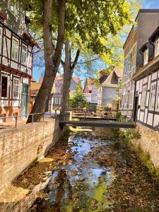 un puente sobre un río en una ciudad con edificios en Ferienhaus Zur Abzuchtinsel en Goslar