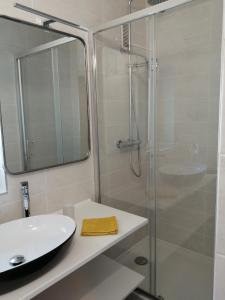 un bagno con doccia, lavandino e specchio di Appartement à 300 m du lac et des commerces ad Annecy Altre 24 foto