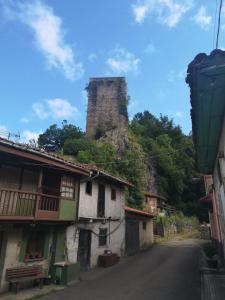 een dorp met een kasteel op een heuvel bij Apartamentos rurales el capricho de carrio in Pola de Laviana