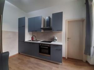 a kitchen with blue cabinets and a sink at Apartment Center in Split