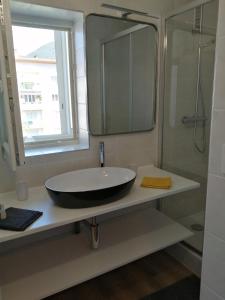 bagno con lavandino, specchio e doccia di Appartement à 300 m du lac et des commerces ad Annecy