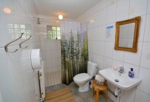 ein Badezimmer mit Toilette, Waschbecken und Dusche in der Unterkunft Österlengården in Hammenhög