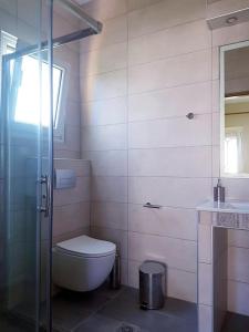 a bathroom with a toilet and a glass shower at Studios Chrissi in Skala Sotiros