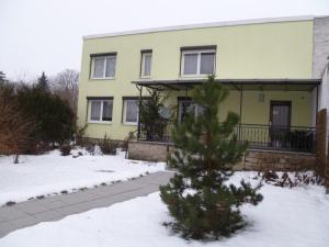 a yellow house with a tree in the snow at Pension Haus Germania in Erfurt