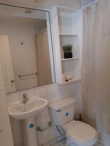 a bathroom with a toilet and a sink and a mirror at Departamento Amueblado in Antofagasta