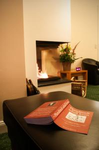 a book sitting on top of a table with a fireplace at LIHO - einfach Lübeck in Lübeck