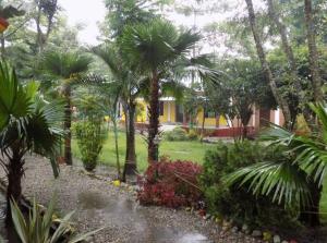 a garden with palm trees and a yellow building at Jaldapara Inn Resort in Mādāri Hāt