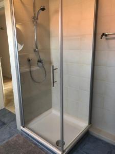 y baño con ducha y puerta de cristal. en Bi Grete tohuus en Dornum