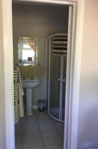 a bathroom with a shower and a sink at Rosemary Cottage in Hooe