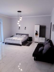 Apartamenty Polna في أوستروفيتس شفينتوكجسكي: غرفة نوم بيضاء مع سرير وأريكة